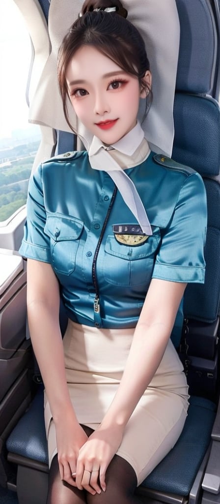 1 slim flight crews with beautiful and small face, single bun hair, wearing blue stain shirt and white pencil skirt, name tag, silk scarf, flight badge, black pantyhose, from front, sitting, in flight, beside flight cabin window, best quality, 4K resolution,