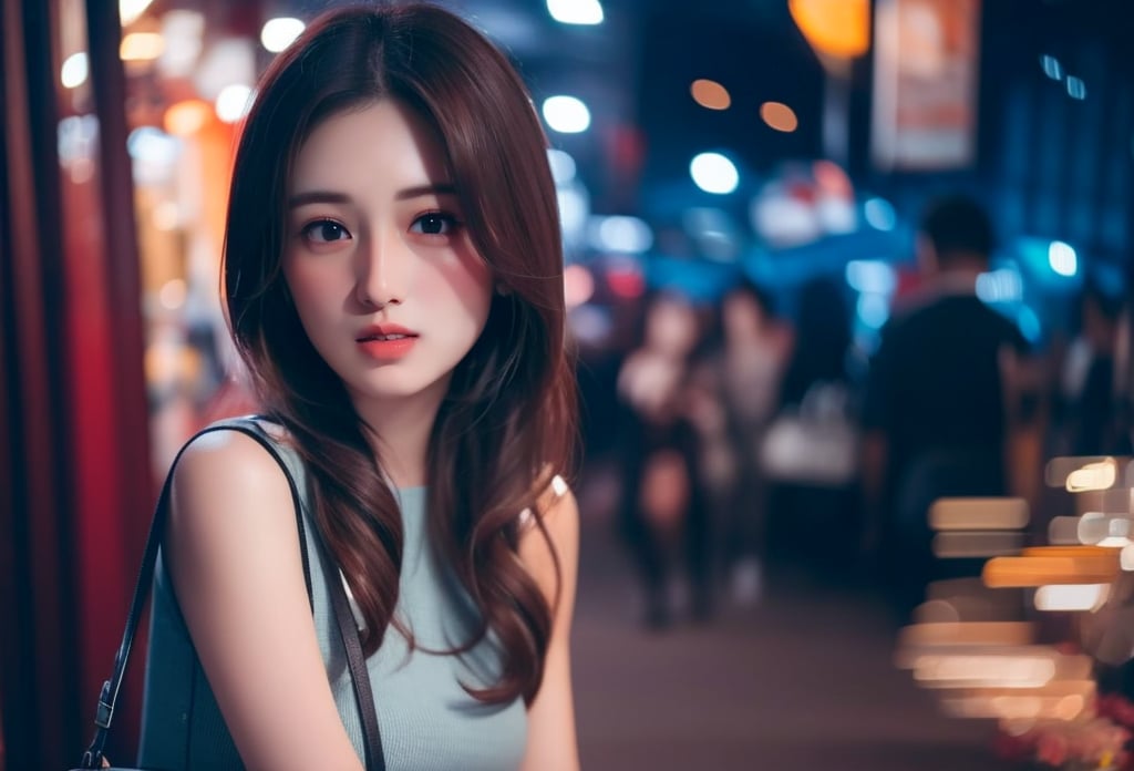 1 lady with beautiful face, medium breasts, fashion, gorgeous, sweet girl, fashion hair style, lip stain, elegant posture, in the modern city, cowboy shot, (solo:1.2), masterpieces, best quality, high resolution, (bright scene:1.3), soft color, dark background, blurred background 