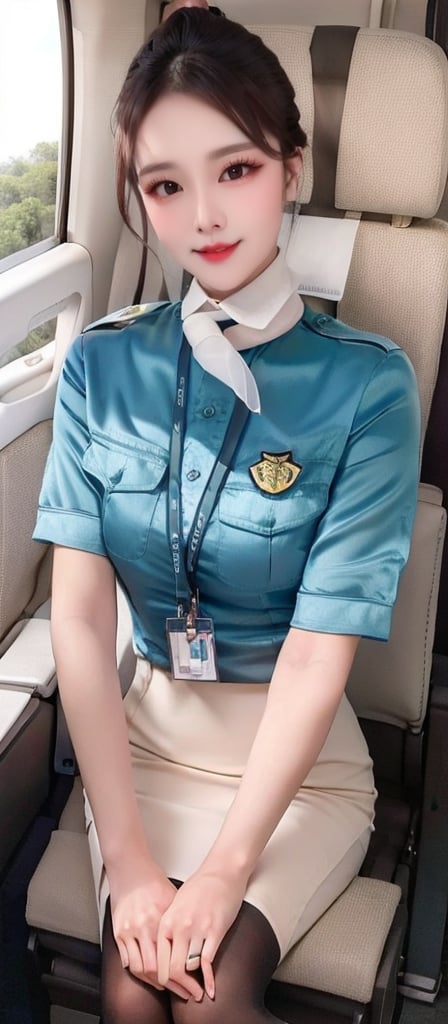 1 slim flight crews with beautiful and small face, single bun hair, wearing blue stain shirt and white pencil skirt, name tag, silk scarf, flight badge, black pantyhose, from front, sitting, in flight, beside flight round window, 
shadow, sunlight, best quality, 4K resolution,