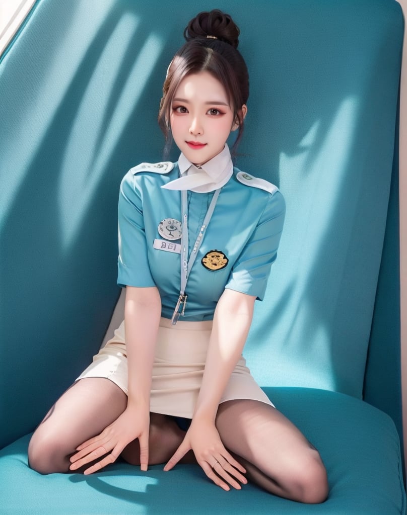 1 slim flight crews with beautiful and small face, single bun hair, wearing blue stain shirt and white pencil skirt, name tag, silk scarf, flight badge, black pantyhose, from front, kneeling with legs separated, skirt lifted, shadow, sunlight, best quality, 4K resolution,