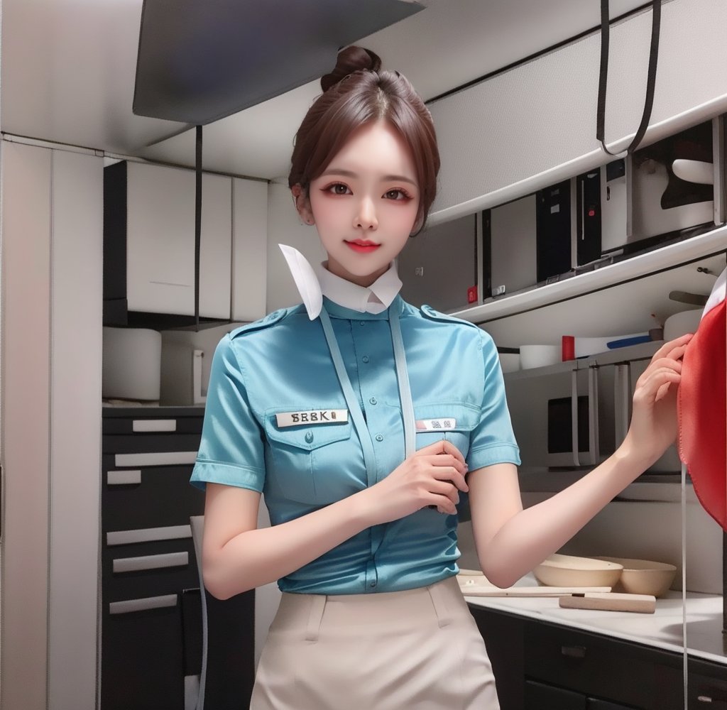 1 slim flight crews with beautiful and small face, single bun hair, wearing blue stain shirt and white pencil skirt, name tag, silk scarf, flight badge, black pantyhose, hand on chest, in flight kitchen, look at viewer,  best quality, 4K resolution,