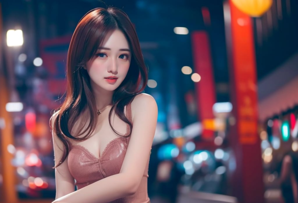 1 lady with beautiful face, medium breasts, fashion, gorgeous, sweet girl, fashion hair style, lip stain, elegant posture, in the modern city, cowboy shot, (solo:1.2), masterpieces, best quality, high resolution, (bright scene:1.3), soft color, dark background, blurred background 