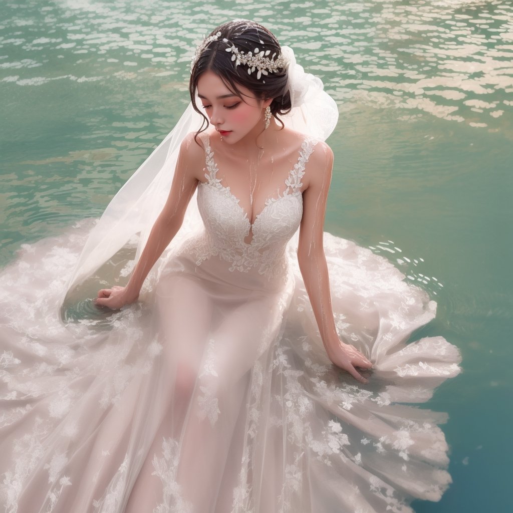 1 beautifu bride (soaking in shallow water), (wet, infiltrate, soak, sinking:1.8), wearing FloraSheer Dress, bridal, sheer, (see-through), lace, (with head), hair ornament, black hair, bird's eye view, full body, (best anatomy), look at viewer, romantic, (mucha style), (solo:1.8), masterpieces, best quality, high resolution, bright scene, soft color, low contrast, (water ripples)