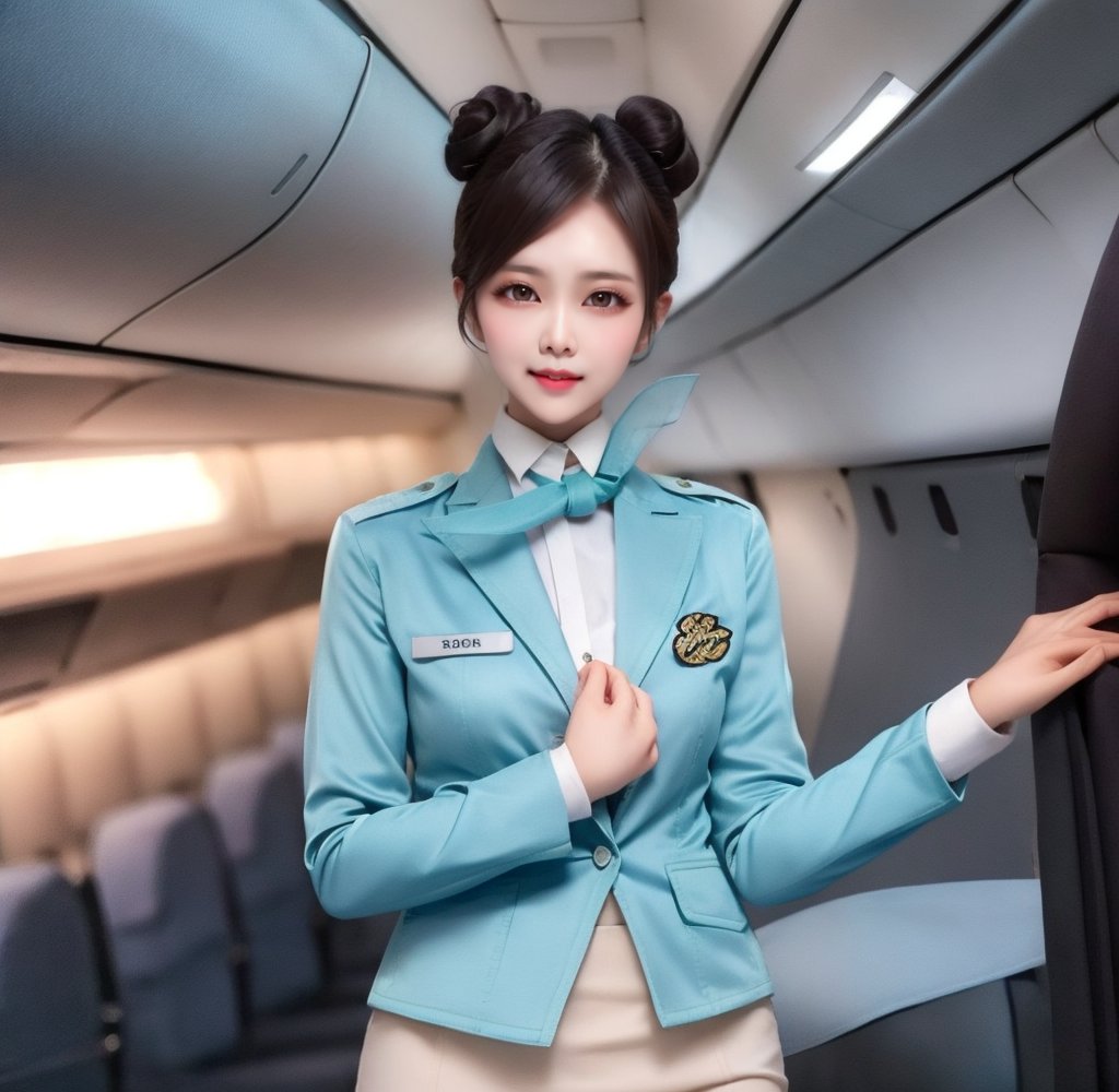 1 slim flight crews with beautiful and small face, single bun hair, black hair, wearing blue stain shirt and white pencil skirt, jacket, name tag, silk scarf, flight badge, black pantyhose, hand on chest, in flight, cowboy shot, look at viewer,  best quality, 4K resolution,