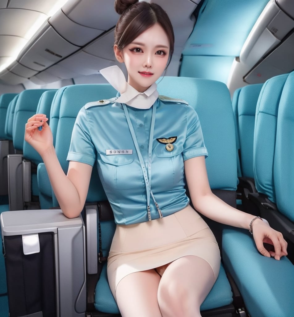 1 slim flight crews with beautiful and small face, single bun hair, wearing (blue stain shirt) and (white pencil skirt), name tag, silk scarf, flight badge, black pantyhose, sitting, legs separated, panties inside, from front, in flight, best quality, 4K resolution,