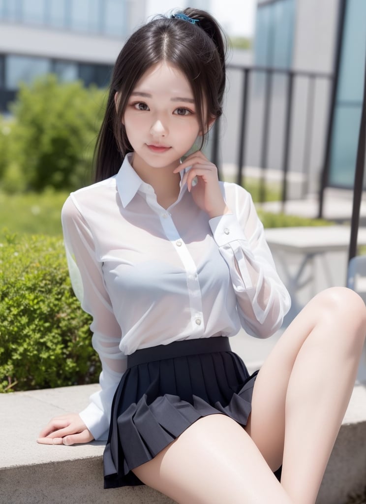 1 young student with beautiful face, in university, dynamic, sexy posture, wearing student uniform, (white shirt:1.1), (black pleated skirt:1.1), (see-through:1.3), (legs spread), hands on chest, youthful, ponytail, campus background, solo, masterpieces, best quality, high resolution, bright scene, rich color, low contrast,