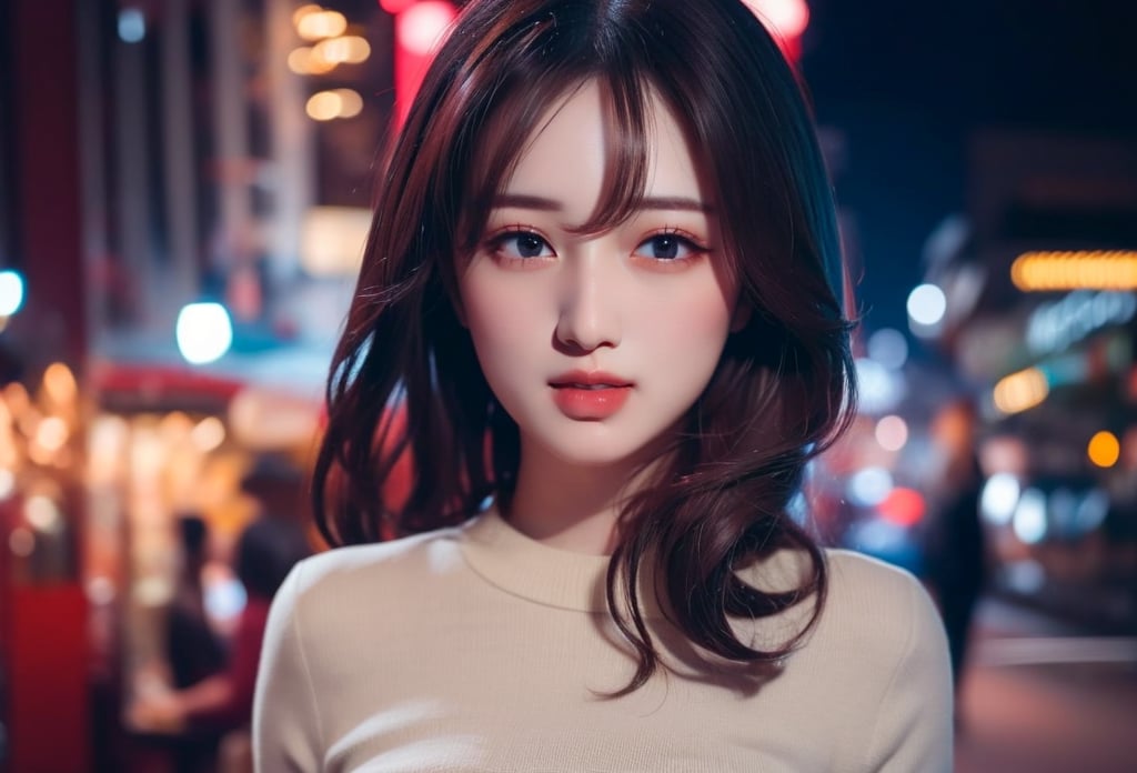 1 lady with beautiful face, medium breasts, fashion, gorgeous, sweet girl, fashion hair style, lip stain, elegant posture, in the modern city, cowboy shot, (solo:1.2), masterpieces, best quality, high resolution, (bright scene:1.3), soft color, dark background, blurred background 