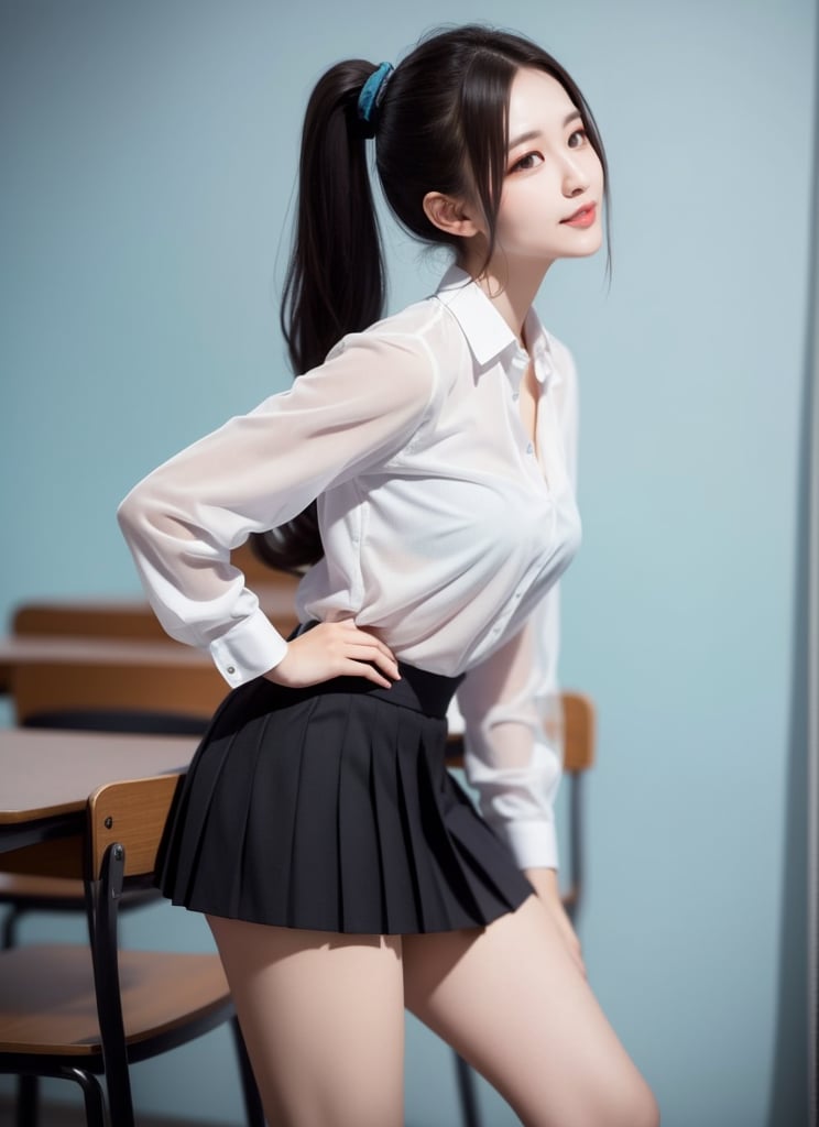 1 young student with beautiful face, in university, dynamic, energetic posture, wearing student uniform, (white shirt:1.1), (black pleated skirt:1.1), (see-through:1.3), legs, hands on chest, youthful, ponytail, campus background, solo, masterpieces, best quality, high resolution, bright scene, rich color, low contrast,