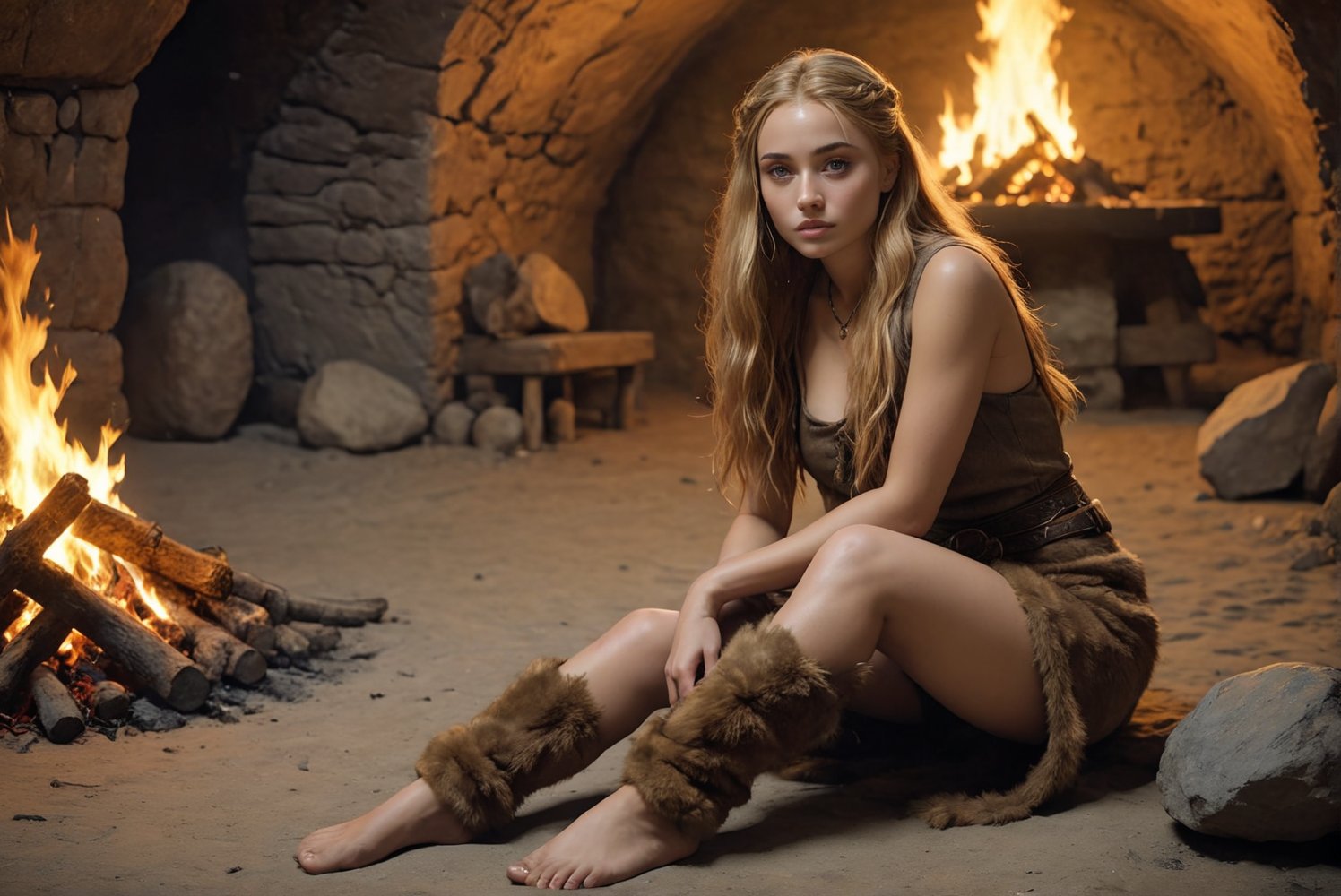 Cave in the Stone Age (hyperrealistic), campfire, Slavic girl, resemblance to Sophie Turner, blonde, sexy pose, open legs, full body, squatting in front of the fire, ((view of pussy, camel hooves)), caramel-colored skin, clothing animal fur with long shaggy hair, dreadlocks, wild unwashed, dirty, native tribe from the Stone Age, (((belly exposed))), round face, curved lips, yellow-brown eyes, big eyes, big pupils, large pelvis, medium-sized breasts, narrow waist, healthy thighs, height 175 cm, 23 years old, alone, fawn hair, full body, realistic, better photography, (((background stone age people ))), focus on background,digital artwork by Beksinski,nodf_xl