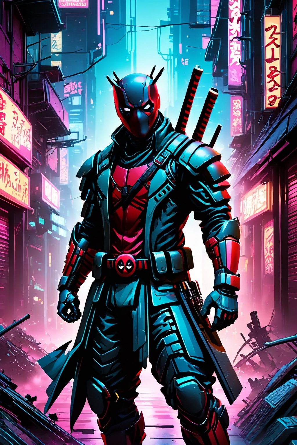 Deadpool, from the Marvel comics, can be imagined in a dystopian urban setting, where a cybernetically enhanced street is adorned with high-tech armor. He strides through neon-lit alleys, casting a cascade of shadows and vibrant light on his gleaming blades and cybernetic implants. This creates a silhouette that defines a modern warrior. The contrast between traditional samurai aesthetics and futuristic cyberpunk elements creates a visual narrative that captures the resilience and adaptability of a modern superhero amidst the chaos of a metropolis. The prompt invites us to create a hyper-realistic image of a street samurai, navigating the gritty streets and symbolizing the coexistence of tradition and technology.