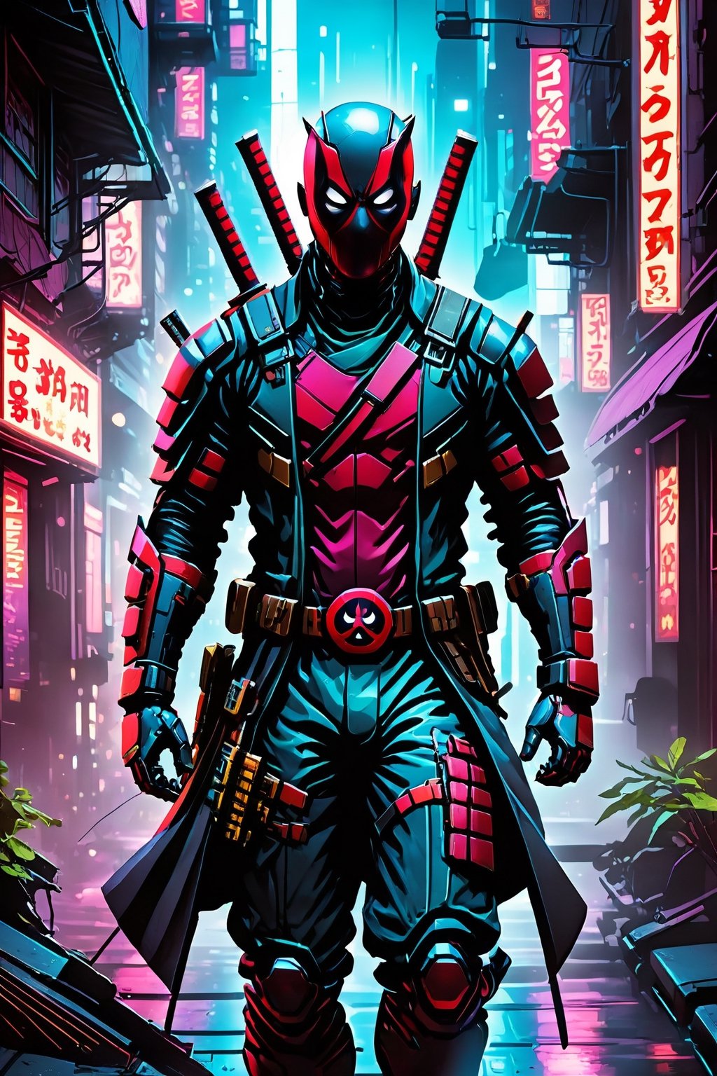 Deadpool, from the Marvel comics, can be imagined in a dystopian urban setting, where a cybernetically enhanced street is adorned with high-tech armor. He strides through neon-lit alleys, casting a cascade of shadows and vibrant light on his gleaming blades and cybernetic implants. This creates a silhouette that defines a modern warrior. The contrast between traditional samurai aesthetics and futuristic cyberpunk elements creates a visual narrative that captures the resilience and adaptability of a modern superhero amidst the chaos of a metropolis. The prompt invites us to create a hyper-realistic image of a street samurai, navigating the gritty streets and symbolizing the coexistence of tradition and technology.