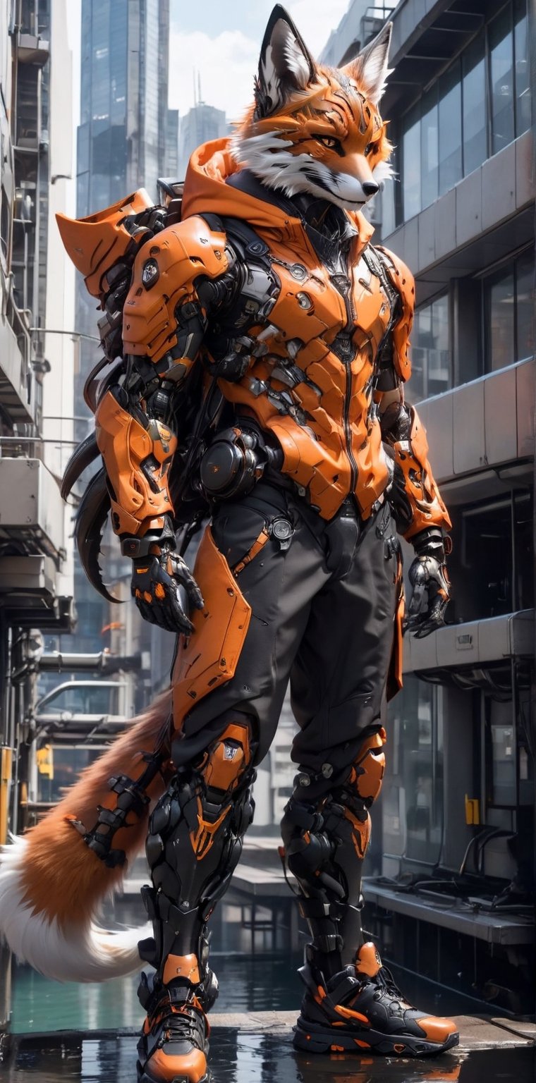 solo, looking at viewer, 1fox, standing, jacket, tail, male focus, outdoors, shoes, pants, hood, water, fox ears, 9fox tail, building, sneakers, furry, reflection, science fiction, city, furry male, mechanical arms, cyborg, prosthesis, fox, orange jacket, cyberpunk, mechanical legs, orange fur