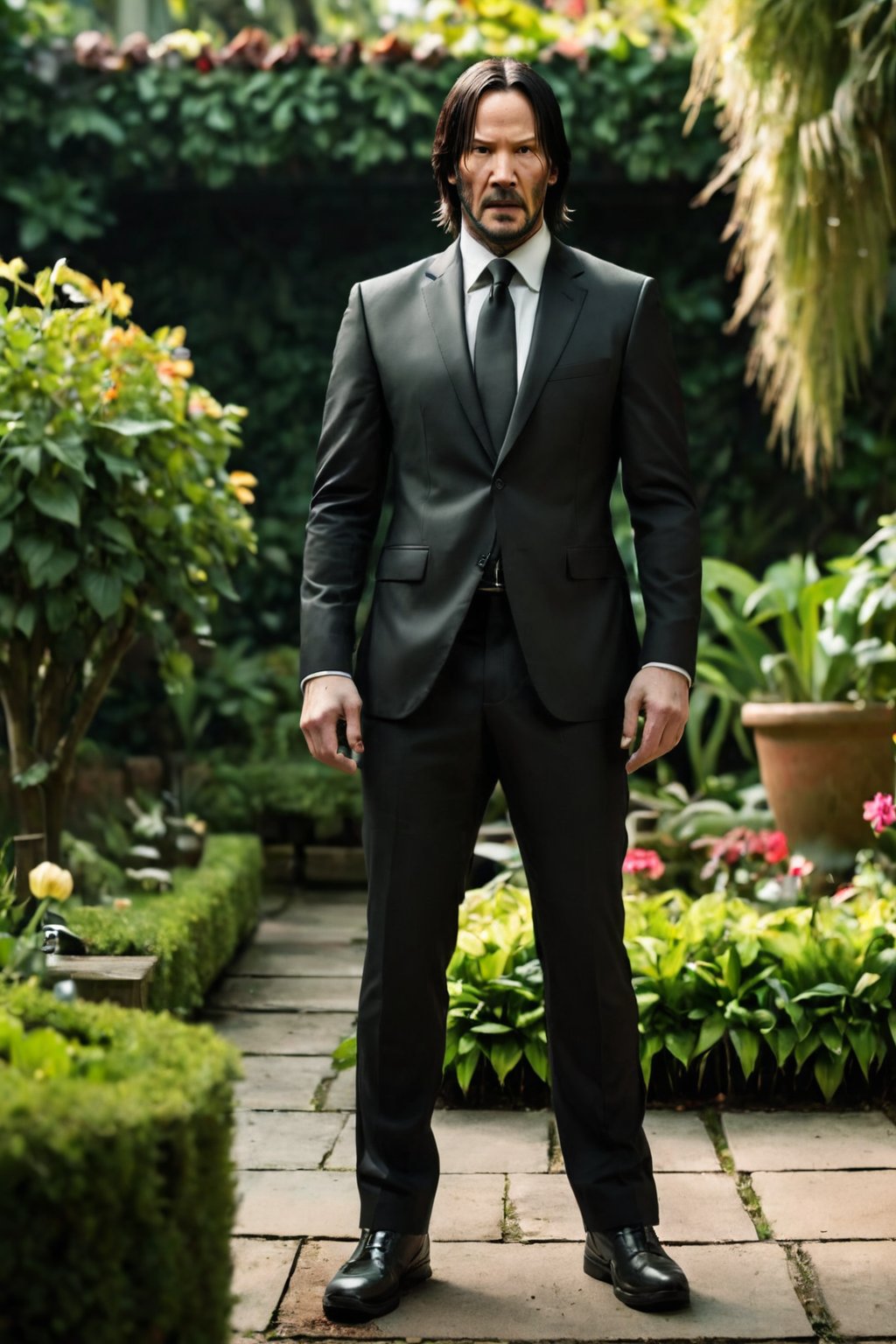 Prompt: john wick, wearing black suit , action pose, standing infront of a garden background