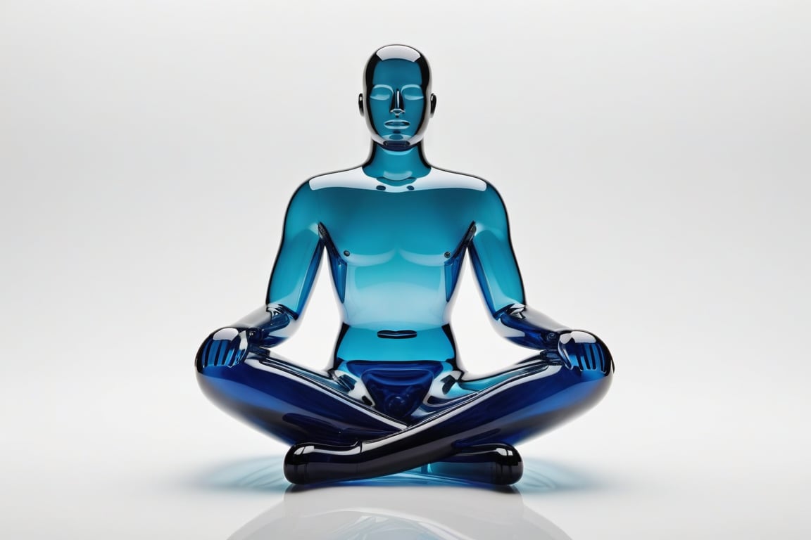 glass figure of an abstract man sitting cross-legged, made of glass material with a glass body in a simple style on a pure white background, photographed with high definition. --stylize 750