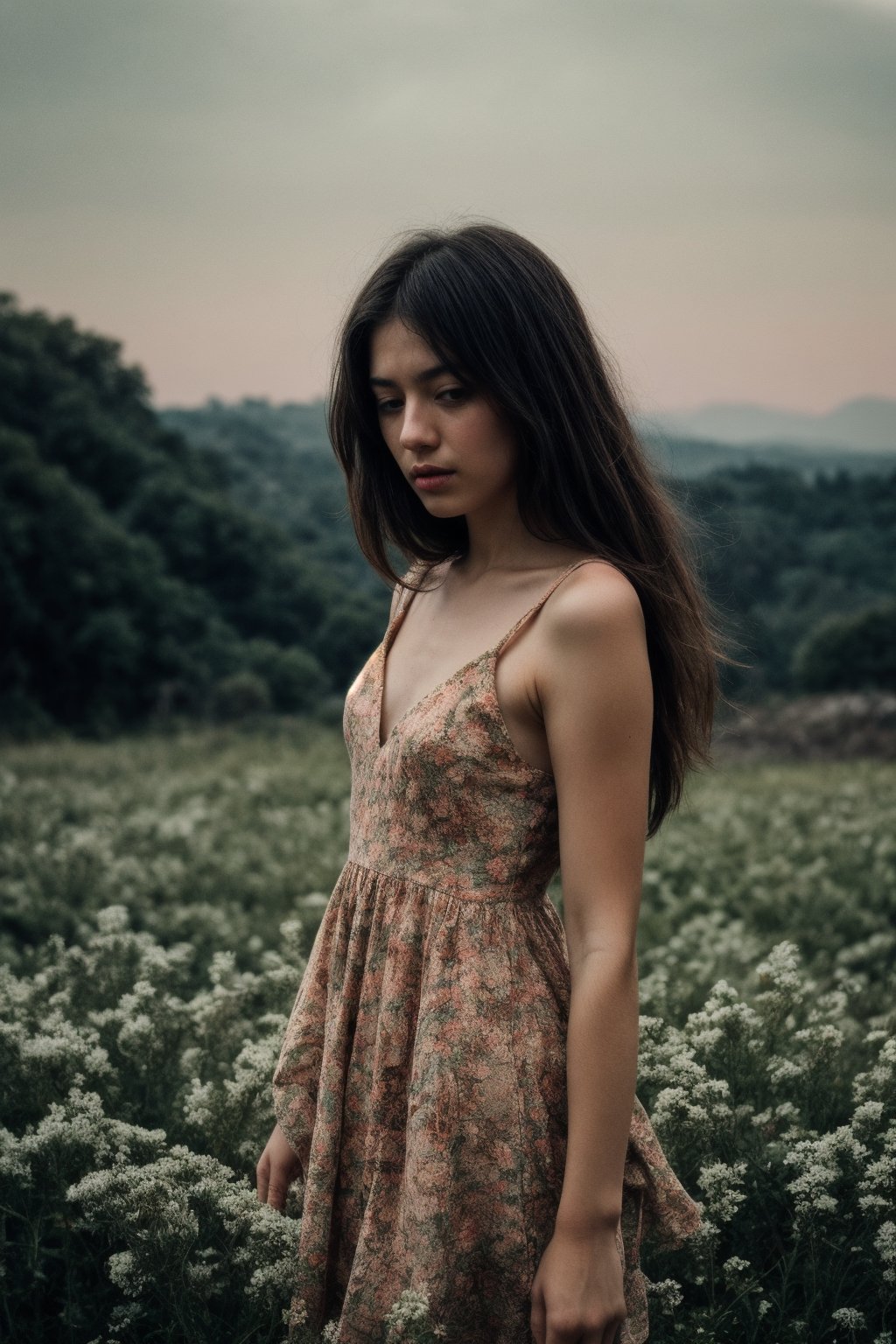 woman, flower dress, colorful, darl background,flower armor,green theme,exposure blend, medium shot, bokeh, (hdr:1.4), high contrast, (cinematic, teal and orange:0.85), (muted colors, dim colors, soothing tones:1.3), low saturation,realistic,SD 1.5