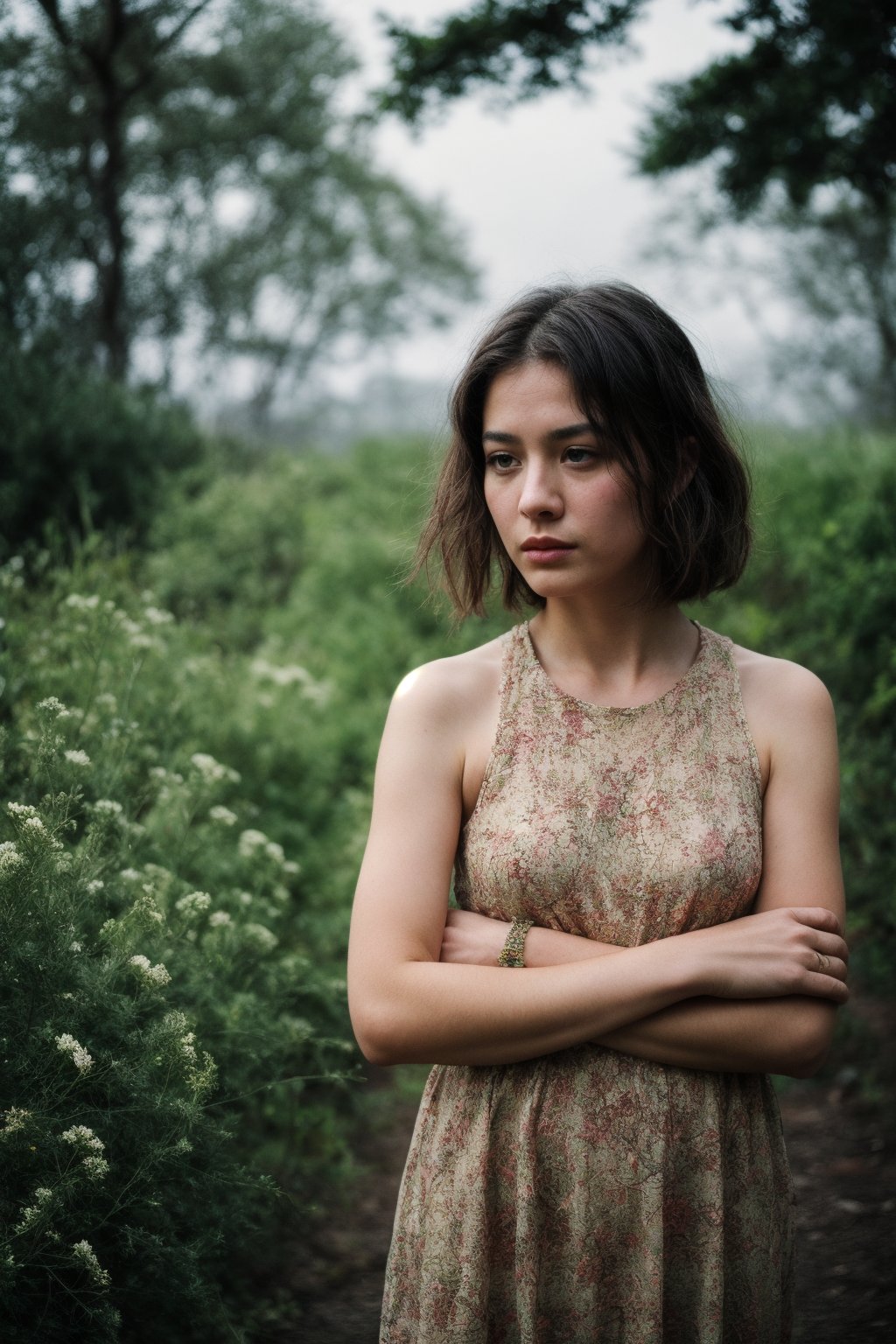 woman, flower dress, colorful, darl background,flower armor,green theme,exposure blend, medium shot, bokeh, (hdr:1.4), high contrast, (cinematic, teal and orange:0.85), (muted colors, dim colors, soothing tones:1.3), low saturation,realistic,SD 1.5