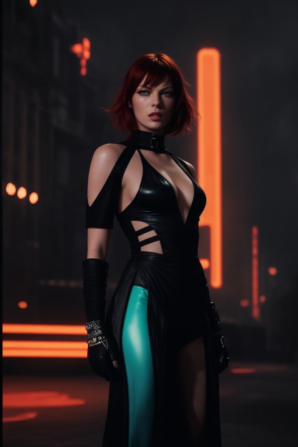 A mesmerizing portrait of Milla Jovovich as Leeloo from "The Fifth Element," standing amidst a bustling futuristic city. She is  dressed in her iconic orange jumpsuit with the luminous blue makeup,  eyes locked on the viewer. The image should capture the beauty and uniqueness of her character,  and the vibrant world of the film. Render the image with a vibrant color palette and a captivating, hyperrealistic style.