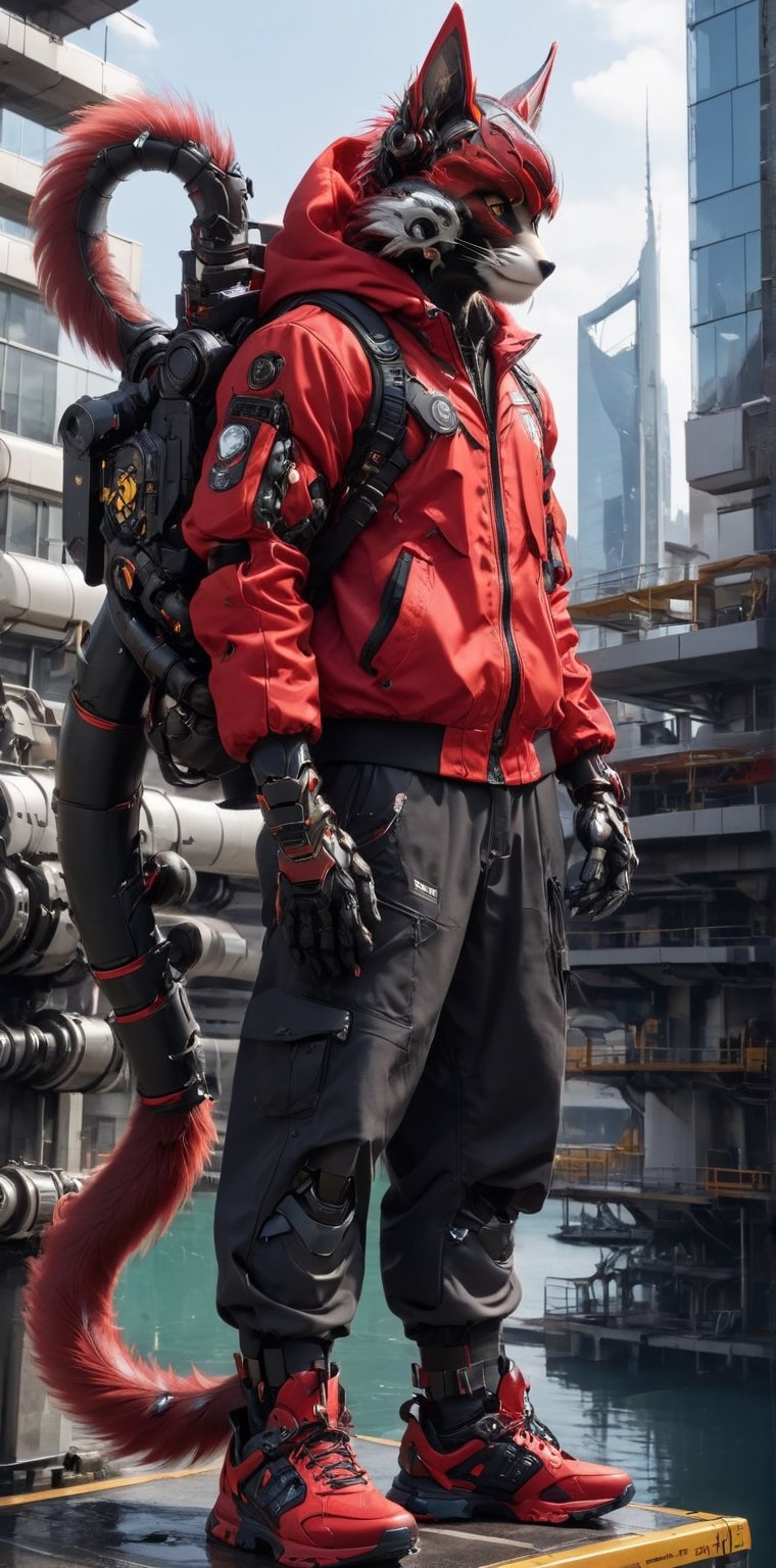 solo, looking at audience, 1fox, standing, jacket, tail, male focus, outdoors, shoes, pants, hood, water, monkey ears, monkey tail, architecture, sneakers, reflection, science fiction, city, robotic arm, robot , prosthetic limb, monkey, red jacket, cyberpunk, mechanical leg, yellow fur