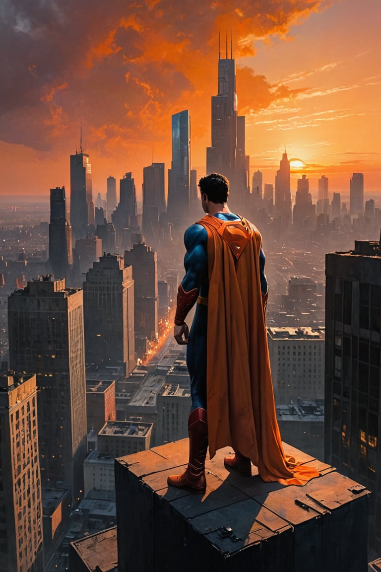 A dystopian metropolis sprawls across the canvas, its sleek skyscrapers and neon-lit billboards illuminated by a fiery orange sunset. A lone figure, super man, stands atop a crumbling rooftop, gazing out at the desolate landscape as if contemplating the future. Soft brushstrokes blend with thick oil pigments to create a textured, atmospheric scene. ,best quality, masterpiece,