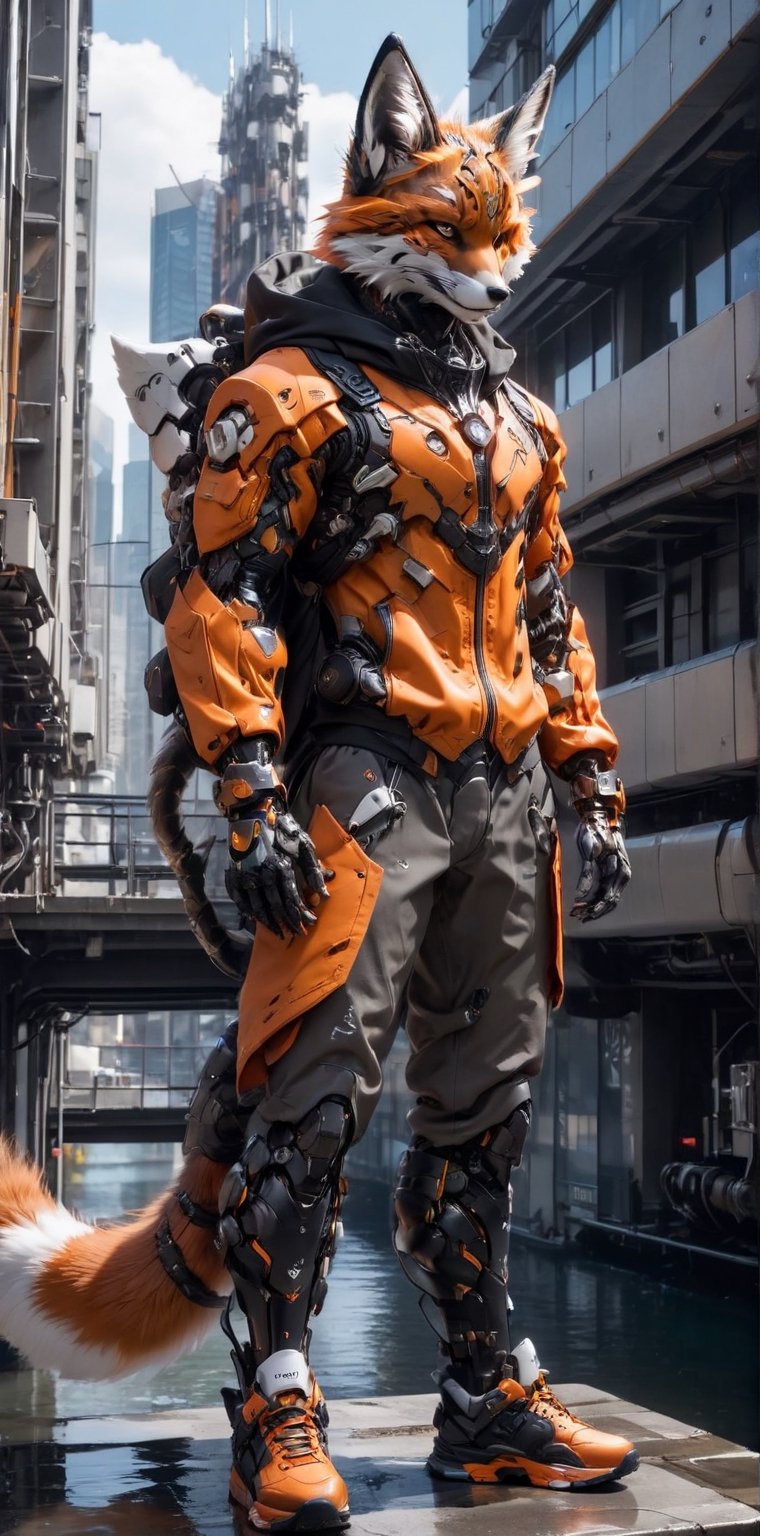 solo, looking at viewer, 1fox, standing, jacket, tail, male focus, outdoors, shoes, pants, hood, water, fox ears, 9fox tail, building, sneakers, furry, reflection, science fiction, city, furry male, mechanical arms, cyborg, prosthesis, fox, orange jacket, cyberpunk, mechanical legs, orange fur