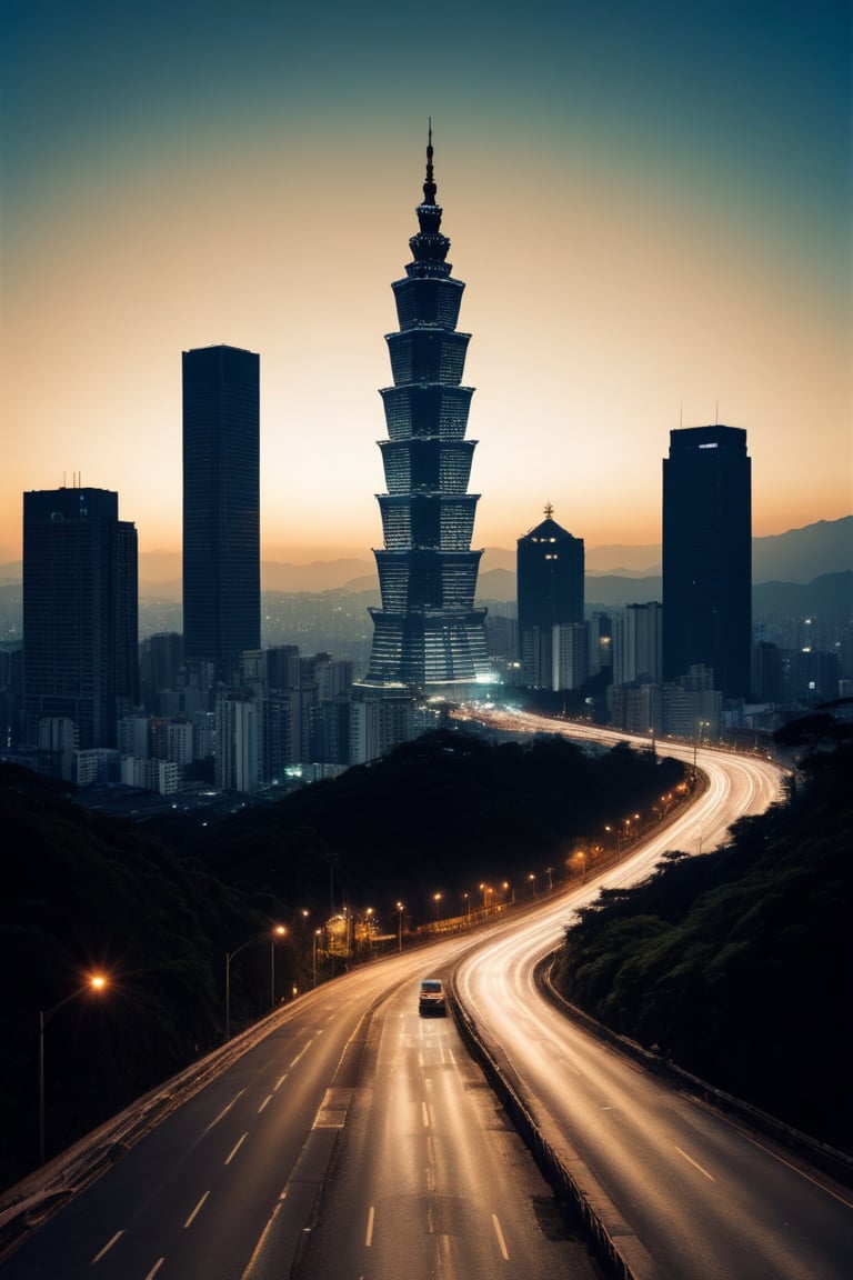 Silhouette silhouette of a hand with 5 fingers, superimposed within the silhouette is the Taipei 101 building, Taipei streets on the road, tilt shift double exposure photography, night background