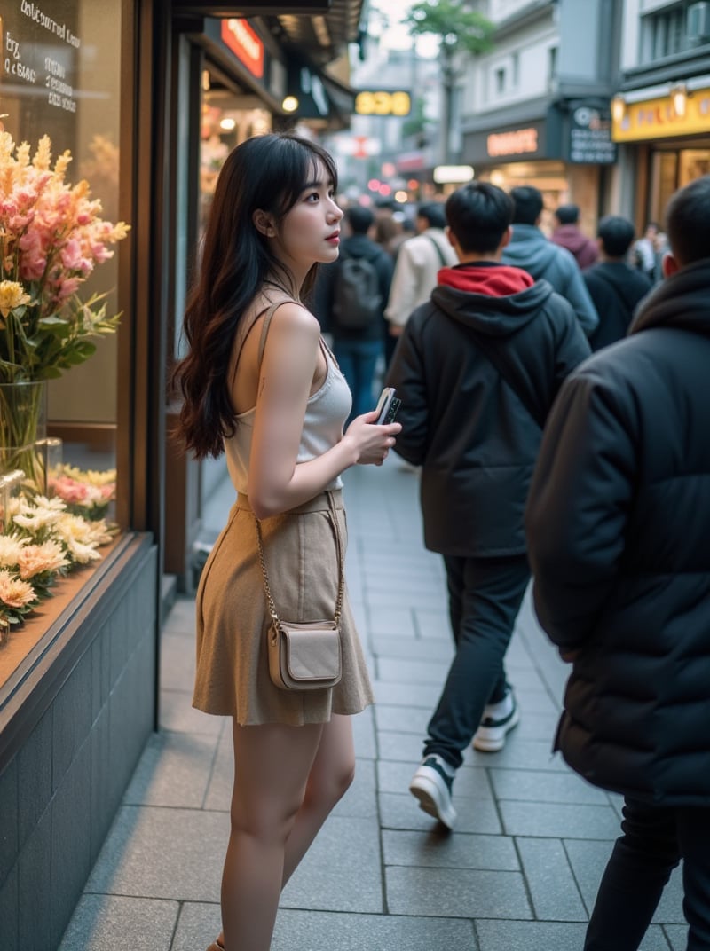 A Korean woman with long hair and no sleeves, wearing a skirt and holding a phone and handbag, stands amidst the crowd. From inside a flower shop, capture her expression and reflection on the window glass as people walk by in both directions. Shot from a wide-angle perspective, 8K quality, flat and parallel to the subject's plane of action.