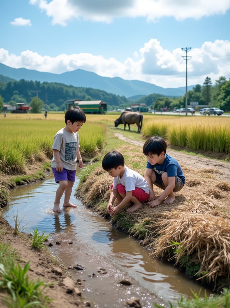 Three 8-year-old children (Taiwanese), two boys and one girl, play in the field. One boy lies on the muddy ground, while another crouches half-exposed from a stack of wheat. The girl plays with water in a small creek, wearing a grid-patterned T-shirt and purple shorts.

The scene is set against the backdrop of a rural landscape: a water buffalo, harvester, rice paddy, other children, wheat stalks, small ditches, muddy paths, blue sky, white clouds, and electric lamp poles. In the distance, a highway, cars, forest, and mountain range can be seen.

Composition: A full-frame, 8K image with a triangular composition, shot from the side of the subjects. The camera captures the textures of their clothing and the natural surroundings, emphasizing the joy and freedom of childhood.