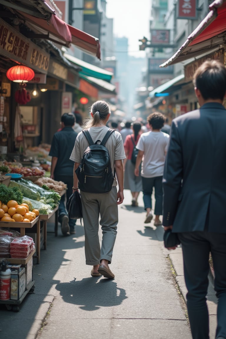 A middle-aged uncle in South Korea stands out amidst the crowd, his slender frame and long hair a striking combination. He wears a backpack and has his pant legs rolled up, giving off a carefree vibe as he shops for goods on the bustling street. The scene is set against a backdrop of vibrant stalls selling fresh produce, clothing, and other essentials. From the vendor's perspective, the uncle appears hazy in the distance, surrounded by the throngs of people rushing to and fro. Shot in 8K resolution, this panoramic view captures the dynamic energy of the street market.