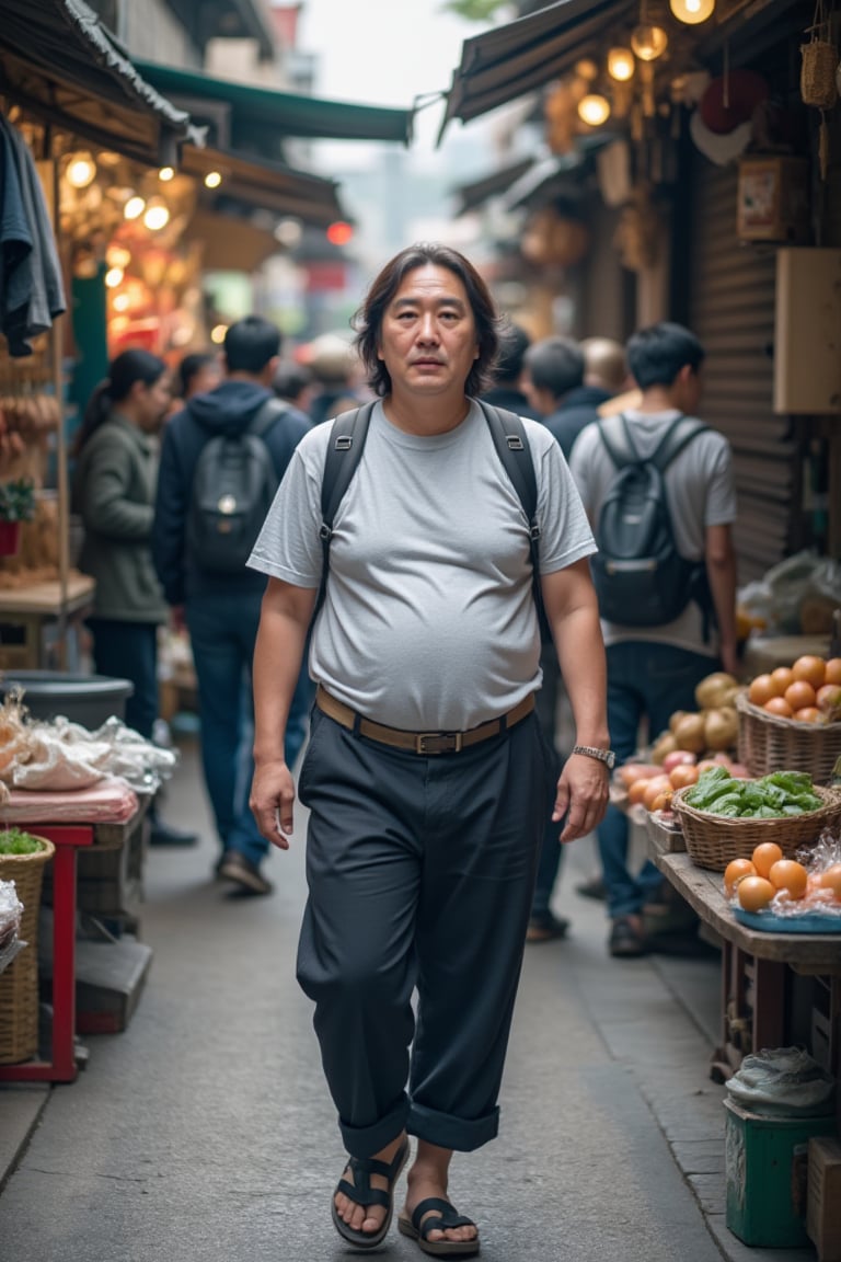 A middle-aged man from South Korea, with a round belly and long hair, wearing a back pack and having rolled-up pant legs, blends in with the crowd on a bustling street. He's surrounded by vendors selling fresh produce, clothing, and trinkets. The camera captures him from the perspective of the stall owner, with a subtle blur effect. The scene is set in high definition 8K resolution, with a wide-angle view that puts the viewer right amidst the action.