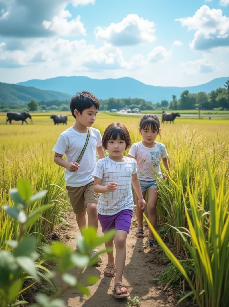 Three 8-year-old children (Taiwanese) in a rural landscape. A boy (profile) wearing white athletic wear and brown shorts, holding a branch, and two others, a girl (frontal) in a grid-patterned top and purple shorts. Framed through the reeds with a subtle bokeh effect. In the near distance, water buffalo, harvesters, rice fields, other children, and scarecrows. In the far distance, a highway, cars, forest, and mountains. The farmer's field stretches to the horizon under a blue sky with white clouds. A 8K quality panoramic shot from an angle, using the rule of thirds composition, capturing the trio in a dynamic pose as they run through the fields.