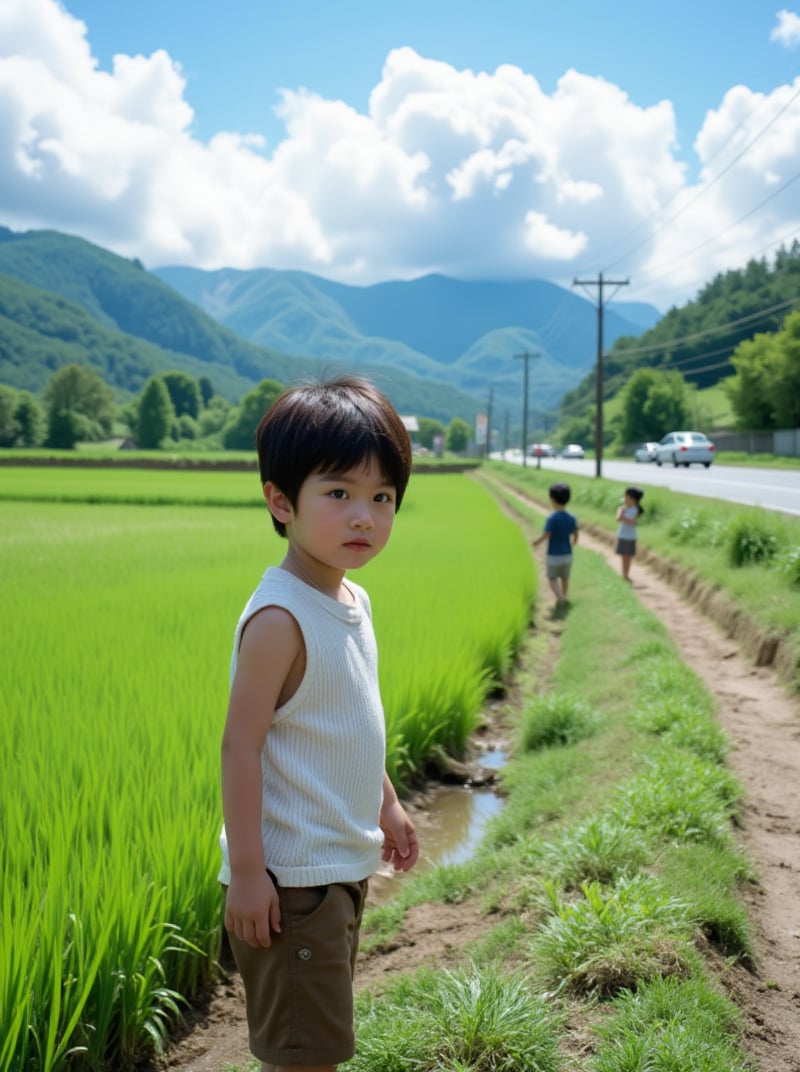 A young Japanese boy, aged 8, wearing a white vest and brown shorts, is captured from a side angle in a rural landscape. The scene is set amidst a lush green paddy field, with other children playing in the distance, a small ditch, muddy path, and power lines leading to the horizon. In the far background, a winding road stretches out, lined with cars and trees, disappearing into the mountains against a bright blue sky filled with white clouds.