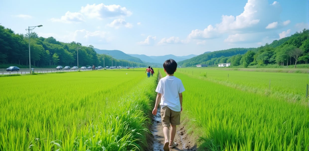 A young Japanese boy, aged 8, wearing a white jersey and brown shorts, plays carefree in a lush paddy field (close-up: verdant rice fields, small ditches, muddy paths, blue sky with white clouds, and distant lampposts) surrounded by rustic charm. In the far distance, a highway stretches out, lined with cars and trees, fading into the rolling hills of a dense forest. Other children and a farmer can be seen in the background, immersed in their daily routines.