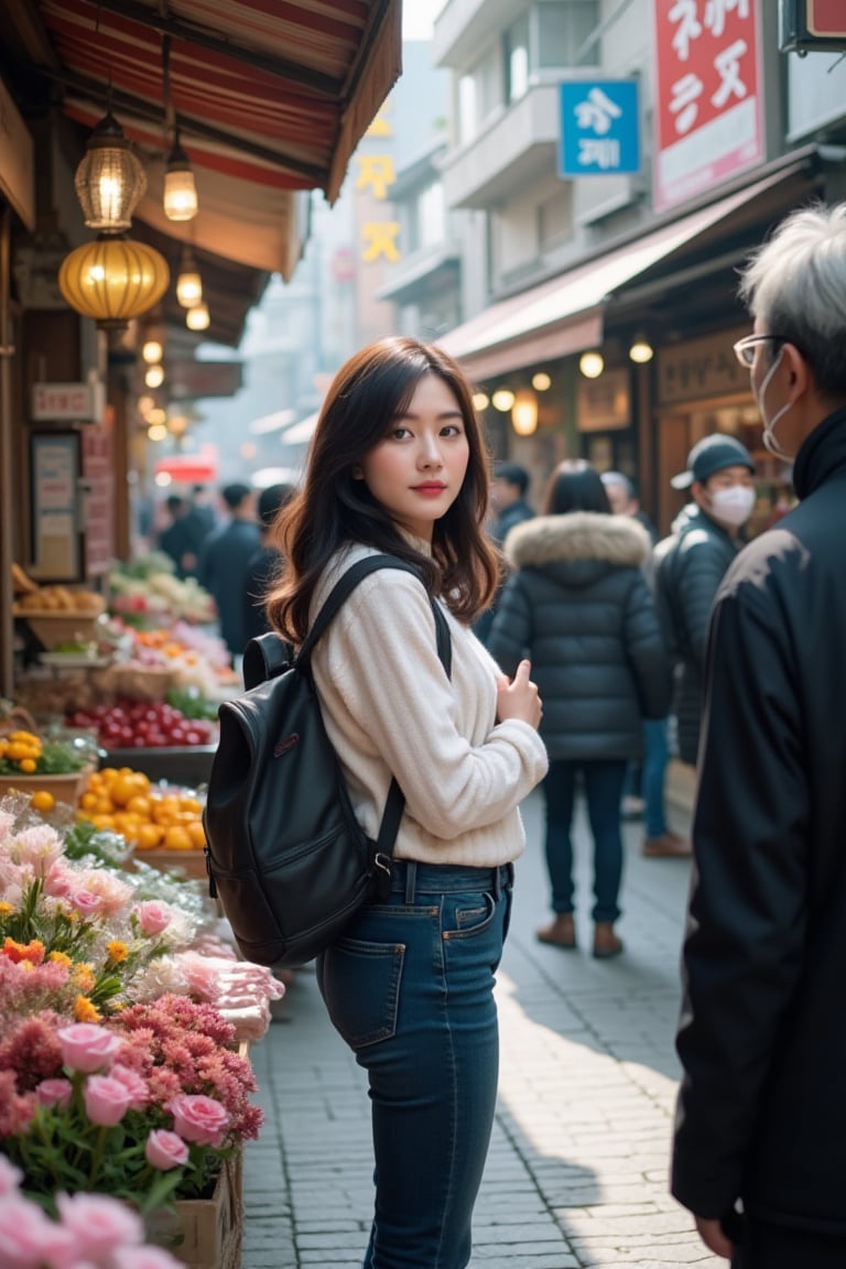 A middle-aged Korean woman with slender figure, long hair, and a back pack, standing amidst the bustling crowd on the street. She's holding a shopping bag, surrounded by vendors selling flowers, fruits, clothes, and shops. The shot is taken from the perspective of the stall owner, with a slightly blurred background, emphasizing the subject. 8K resolution and panoramic view capture the vibrant atmosphere.