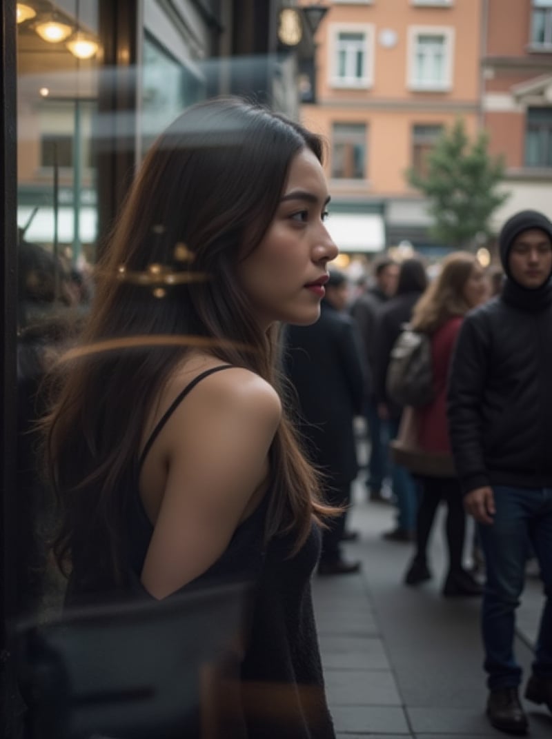 A woman with long hair and no-sleeve attire stands out among the crowd, her left profile captivating as she's framed against a blurred background of people walking in both directions. The shop window's reflection, softened by a subtle vignette effect, captures her serene expression and silhouette as she's captured mid-motion, with the cityscape unfolding behind her.