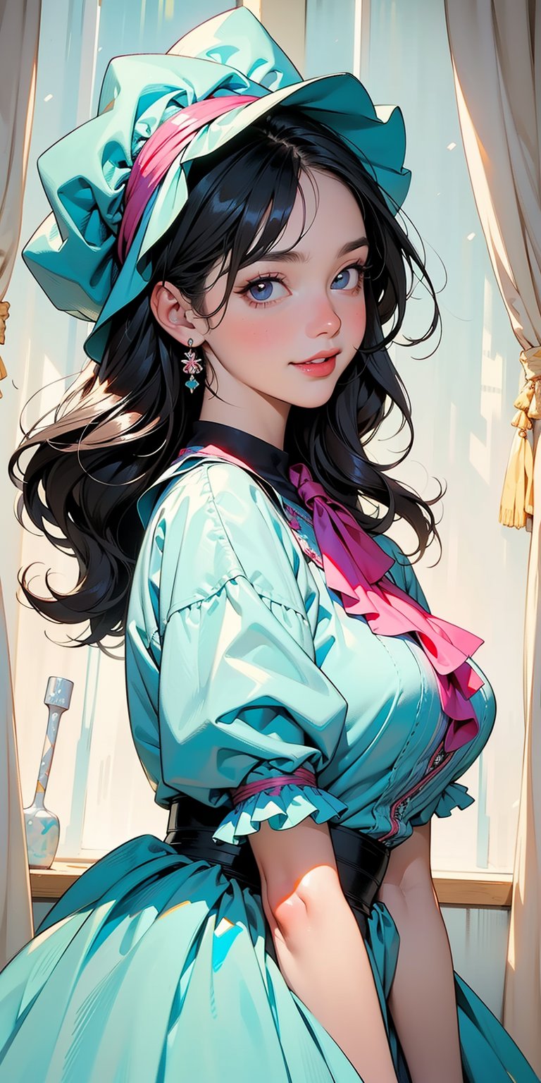 (Masterpiece, Best Quality:1.3), insaneres, (8k resolution), (centered), digital illustration, (outline, thick lineart), frilled collar, doll dress, bonnet, glowing, black eyes, soft, soft lighting, black hair, hair bow, full angle view, bloom, shadow, (faux traditional media:1.3), long bangs, (detailed eyes, perfect face), jewelry, beaded curtain, colorful, sidelocks, looking at viewer, large breasts, ascot, (multicolored theme:1.2), frilled collar, single braid, doll dress, knee-high stockings, giggling, magical girl,sugar_rune,fodress,1 girl