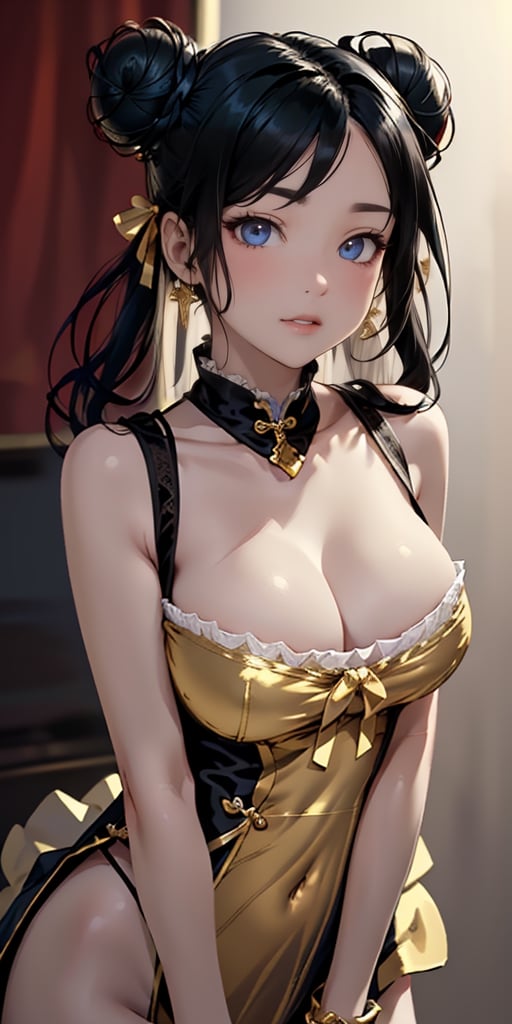 (photorealistic),(masterpiece, sidelights, exquisite gentle eyes), (character focus,face focus,close to viewer,portrait,masterpiece),(black hair:1.3),(double bun),(1 girl),(gold eyes),(grin smile:1.5)
,(upper body),(sleeveless china dress,gold embroidery),(contrapposto)、hair ribbon,
,(big breasts ),(blue gradient background)、
neat and clean、adorable、Slim Body,(tsurime),,shiny hair, shiny skin、,niji,sketch,manga,underwear