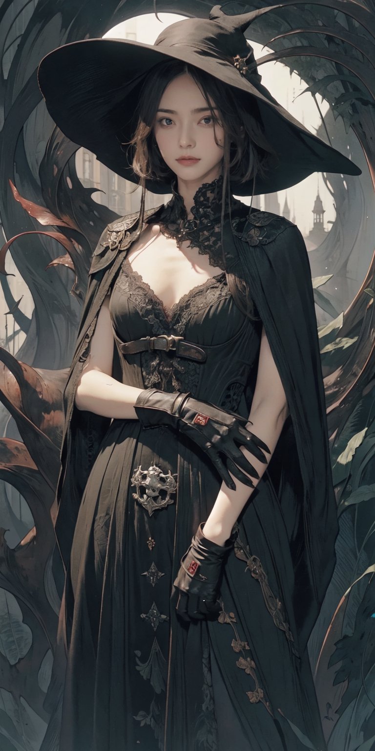 tired woman with messy short hair, female physician, plague doctor, wide-brimmed hat, leather gloves, bandages, eye bags, holding syringe filled with red liquid, grimdark, hires, masterpiece, absurdres, BREAK green plants, vines, moss, BREAK human skull, bones