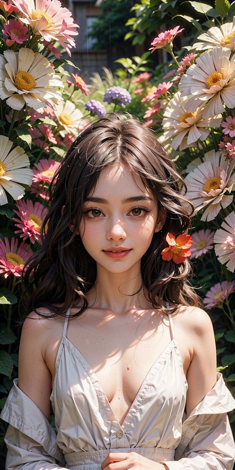 (1girl, black hair, long hair, orange eyes, looking at camera, spiral_eyes, small breasts), portrait, holding flowers, (masterpiece, best quality:1.4), (Beautifully Aesthetic:1.2),cute, smiling, happy, peace, tranquility, serenity, hydrangeas, orchicds, sakura, flowers (innocent grey), petals, exposed shoulders, collarbone, dress, pastel colors, rain, complex background