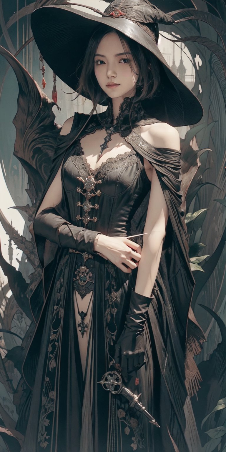 tired woman with messy short hair, female physician, plague doctor, wide-brimmed hat, leather gloves, bandages, eye bags, holding syringe filled with red liquid, grimdark, hires, masterpiece, absurdres, BREAK green plants, vines, moss, BREAK human skull, bones