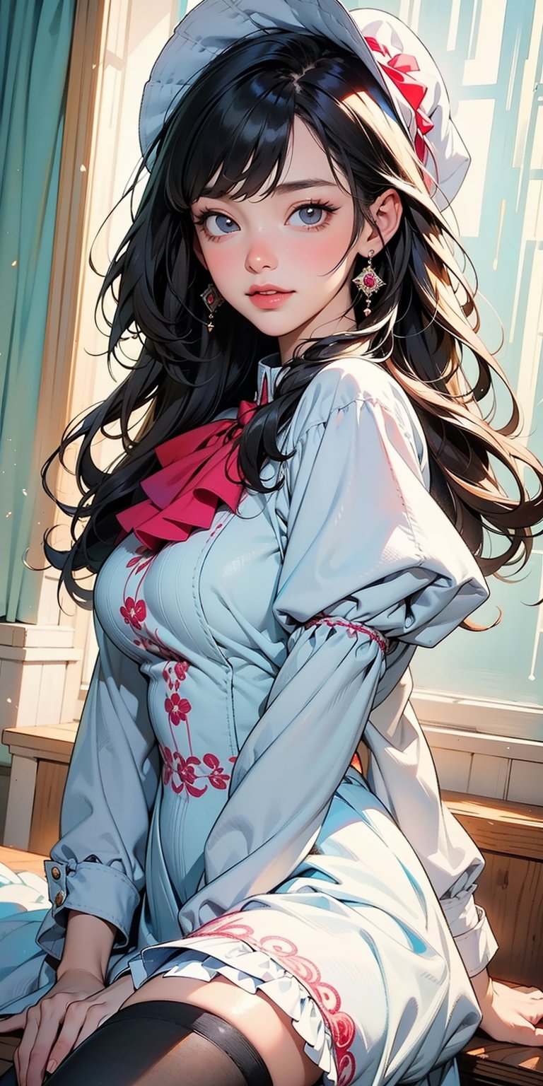 (Masterpiece, Best Quality:1.3), insaneres, (8k resolution), (centered), digital illustration, (outline, thick lineart), frilled collar, doll dress, bonnet, glowing, black eyes, soft, soft lighting, black hair, hair bow, full angle view, bloom, shadow, (faux traditional media:1.3), long bangs, (detailed eyes, perfect face), jewelry, beaded curtain, colorful, sidelocks, looking at viewer, large breasts, ascot, (multicolored theme:1.2), frilled collar, single braid, doll dress, knee-high stockings, giggling, magical girl,sugar_rune,fodress,1 girl