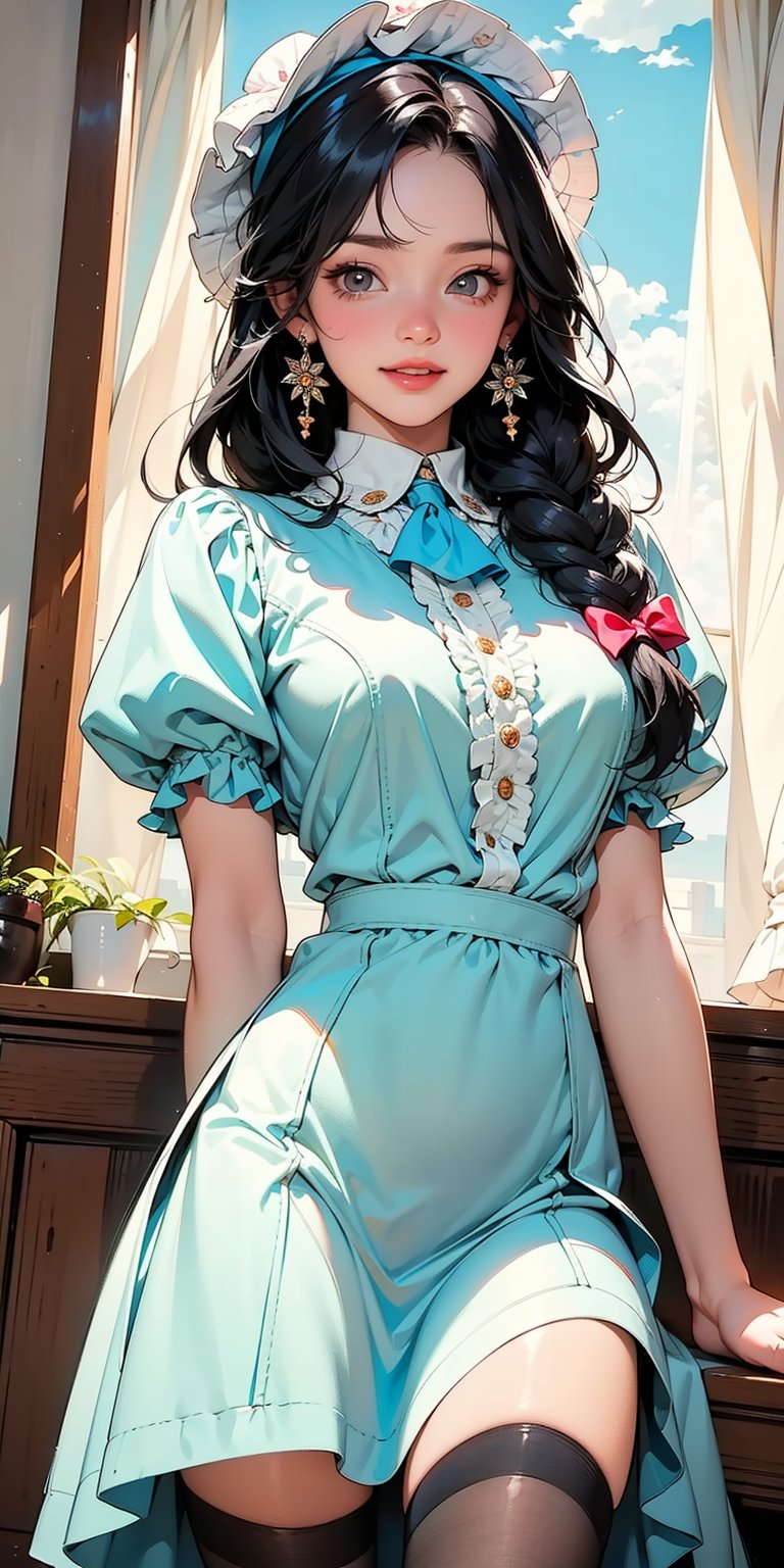 (Masterpiece, Best Quality:1.3), insaneres, (8k resolution), (centered), digital illustration, (outline, thick lineart), frilled collar, doll dress, bonnet, glowing, black eyes, soft, soft lighting, black hair, hair bow, full angle view, bloom, shadow, (faux traditional media:1.3), long bangs, (detailed eyes, perfect face), jewelry, beaded curtain, colorful, sidelocks, looking at viewer, large breasts, ascot, (multicolored theme:1.2), frilled collar, single braid, doll dress, knee-high stockings, giggling, magical girl,sugar_rune,fodress,1 girl
