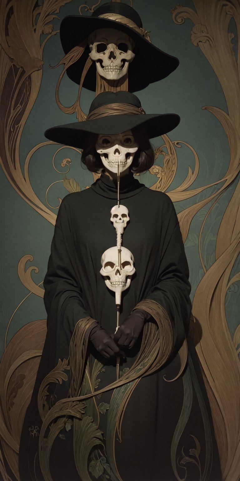 tired woman with messy short hair, female physician, plague doctor, wide-brimmed hat, leather gloves, bandages, eye bags, holding syringe filled with red liquid, grimdark, hires, masterpiece, absurdres, BREAK green plants, vines, moss, BREAK human skull, bones