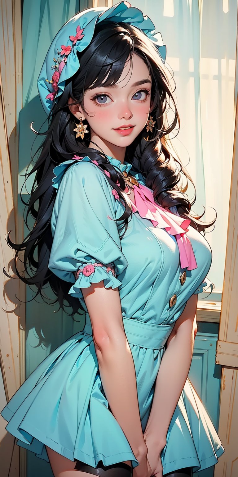 (Masterpiece, Best Quality:1.3), insaneres, (8k resolution), (centered), digital illustration, (outline, thick lineart), frilled collar, doll dress, bonnet, glowing, black eyes, soft, soft lighting, black hair, hair bow, full angle view, bloom, shadow, (faux traditional media:1.3), long bangs, (detailed eyes, perfect face), jewelry, beaded curtain, colorful, sidelocks, looking at viewer, large breasts, ascot, (multicolored theme:1.2), frilled collar, single braid, doll dress, knee-high stockings, giggling, magical girl,sugar_rune,fodress,1 girl