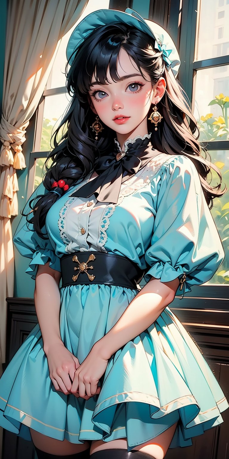 (Masterpiece, Best Quality:1.3), insaneres, (8k resolution), (centered), digital illustration, (outline, thick lineart), frilled collar, doll dress, bonnet, glowing, black eyes, soft, soft lighting, black hair, hair bow, full angle view, bloom, shadow, (faux traditional media:1.3), long bangs, (detailed eyes, perfect face), jewelry, beaded curtain, colorful, sidelocks, looking at viewer, large breasts, ascot, (multicolored theme:1.2), frilled collar, single braid, doll dress, knee-high stockings, giggling, magical girl,sugar_rune,fodress,1 girl