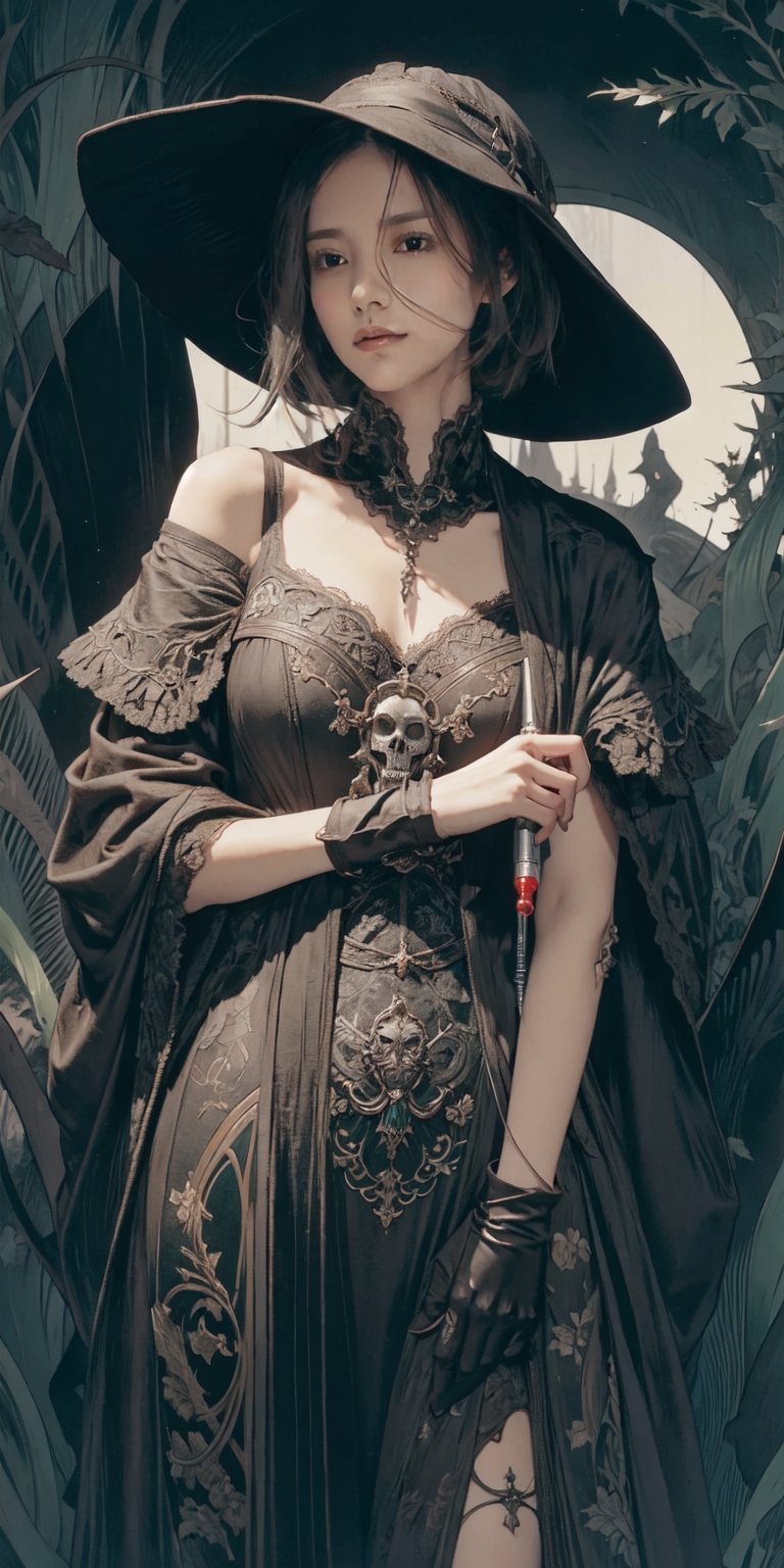 tired woman with messy short hair, female physician, plague doctor, wide-brimmed hat, leather gloves, bandages, eye bags, holding syringe filled with red liquid, grimdark, hires, masterpiece, absurdres, BREAK green plants, vines, moss, BREAK human skull, bones