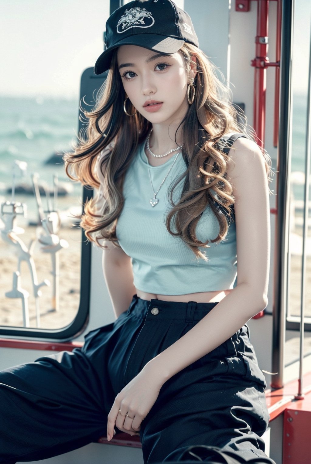 dilireba, French girl,grey blonde hair(very long hair, curly_hair),long ponytail,hiphop dancer,wearing all black clothes (loose fit top and wide cargo pants),sneakers,accessories(necklace,ear_rings)baseball cap, sitting at sea bank,horizon,seaside,vivid sea color,red lighthouse,sunset,Best Quality, 32k, photorealistic, ultra-detailed, finely detailed, high resolution, perfect dynamic composition, beautiful detailed eyes, sharp-focus, cowboy_shot, nsfw,