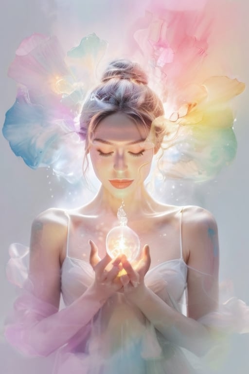 A woman with her hands holding a glowing light in her hands, ethereal, on a white background, with watercolor splatter, an interplay of pastel hues and rainbow colors, with a double exposure effect, golden rays emanating from the center, a soft glow, a mysterious aura, ethereally beautiful, with soft edges, delicate details, a celestial energy radiance, whimsical, a surreal atmosphere, dreamy, with watercolor splashes in the style of Yoji Shinkawa and colorful pastel tones in the style of Greg Rutkowski, with detailed light effects, dreamy and ethereal, with delicate brushstrokes, high quality, high resolution, high detail