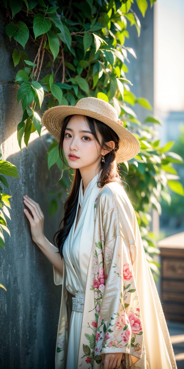 a cute chinese woman in a hat is standing near a wall with plants on it and looking up at the sky, a stock photo, art photography,beautiful eyes, high detail eyes, beautiful face, high detail face, high detail skin, beautiful hands, beautiful fingers, light smile, (profile:0.8 ), wear oversized clothes,