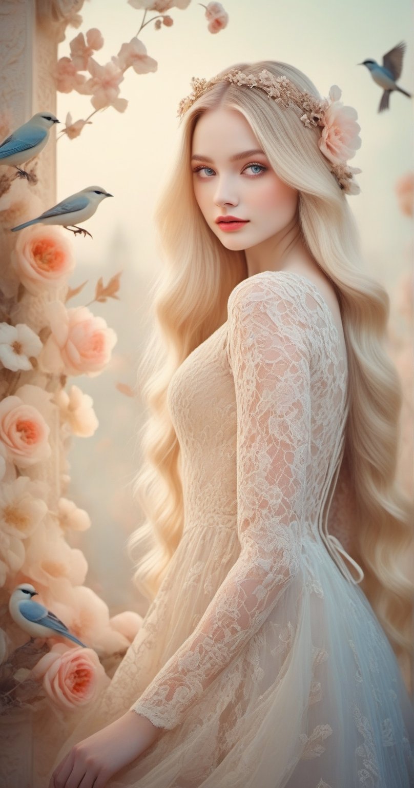 a beautiful young woman, long blonde hair, pale soft skin,lace dress, soft colors, background with birds and flowers, intricate details,