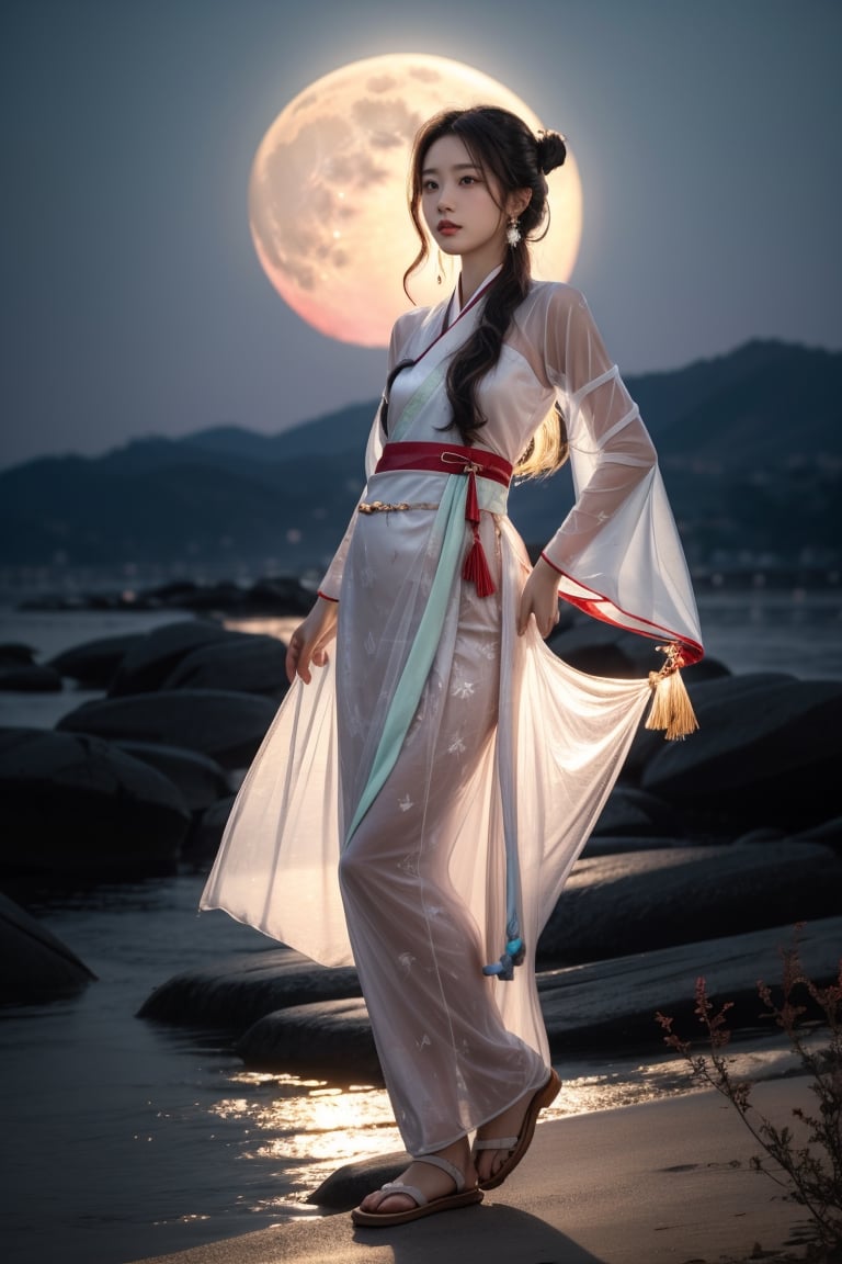 The background is midnight sky,big moon,dark night,floral leaf blowing,16 yo, 1 girl, flying in the air,halo,shining bracelet,beautiful hanfu(transparent), cloth blowing in wind, solo, {beautiful and detailed eyes}, calm expression, natural and soft light, delicate facial features, cute japanese idol, very small earrings, ((model pose)), Glamor body type, (dark hair:1.2),  beehive,big bun,very_long_hair, hair past hip, curly hair, flim grain, realhands, masterpiece, Best Quality, photorealistic, ultra-detailed, finely detailed, high resolution, perfect dynamic composition, beautiful detailed eyes, eye smile, ((nervous and embarrassed)), sharp-focus, full_body, sexy pose,cowboy_shot,ruanyi0060